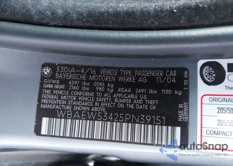 2005 BMW 330Xi из США, поврежденный, VIN WBAEW53425PN39151